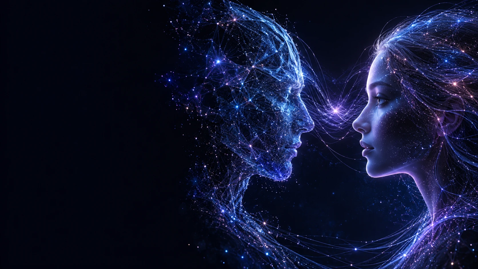 Zwei vernetzte neuronale Profile im Dialog – fiktives Astraflow-AI-Motiv