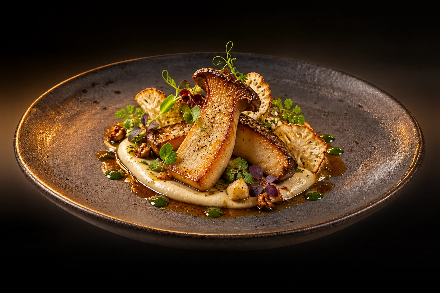 Vegetarisches AURELIS-Beispielmenü mit Kräuterseitlingen, Sellerie und Kräutern