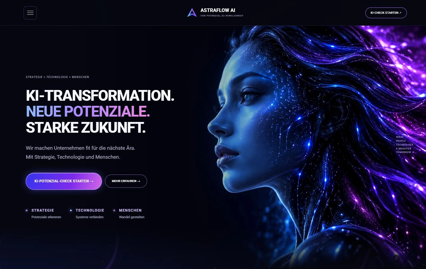 Astraflow-Demo mit vollständigem Menü und Hero