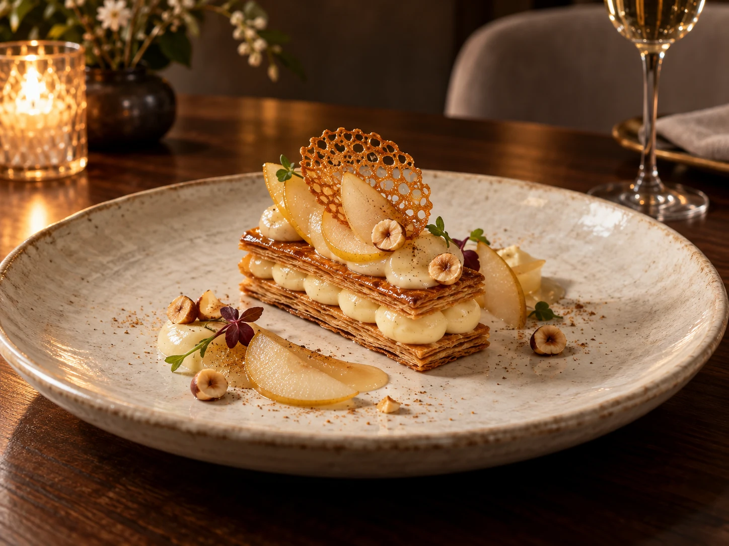 Illustratives Dessert aus Millefeuille, Birne und Vanille auf handgefertigter Keramik.