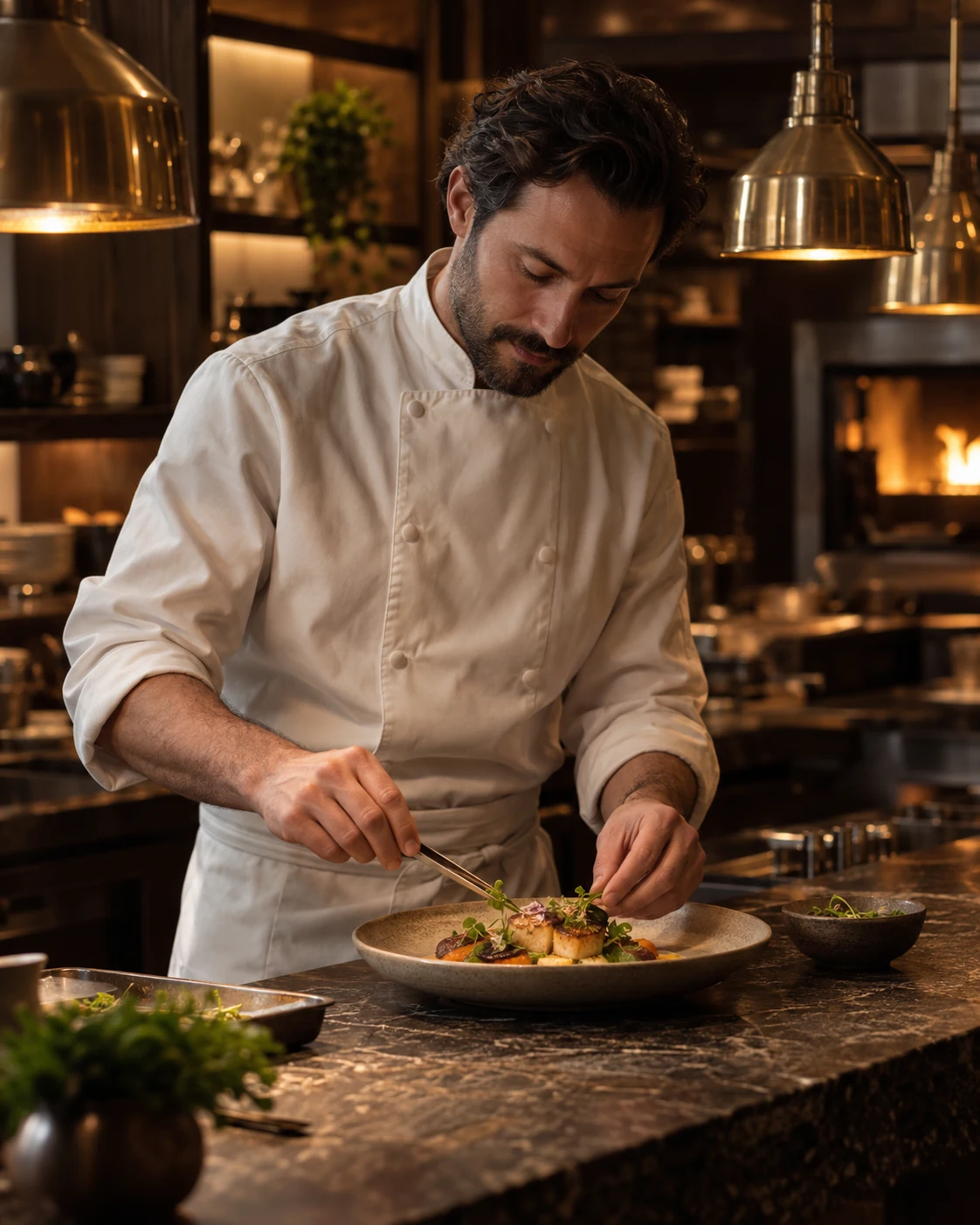 Fiktiver Küchenchef beim sorgfältigen Anrichten – illustrative AURELIS-Restaurantwelt.