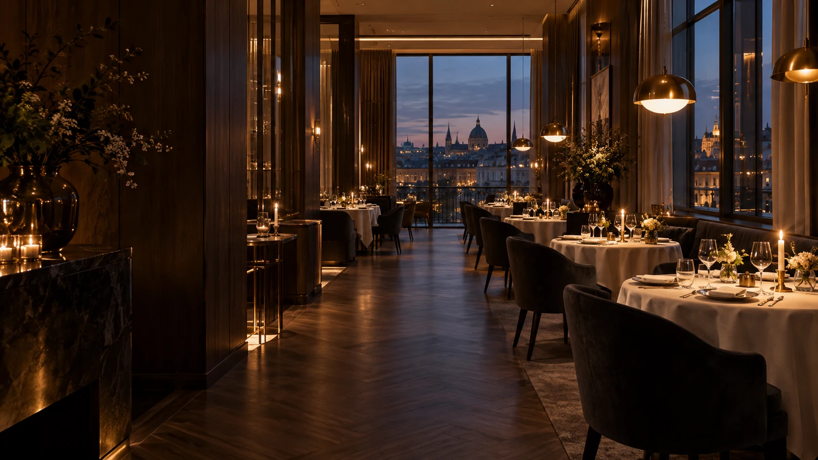 Fiktives AURELIS-Restaurant mit warmem Licht, dunklem Holz und festlich gedeckten Tischen.