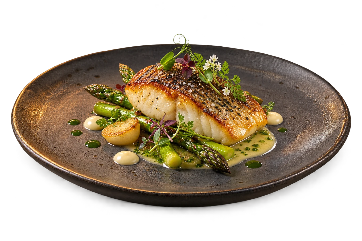 Illustratives Signature-Gericht mit Fisch, Spargel, Kräutern und Sauce auf dunkler Keramik.