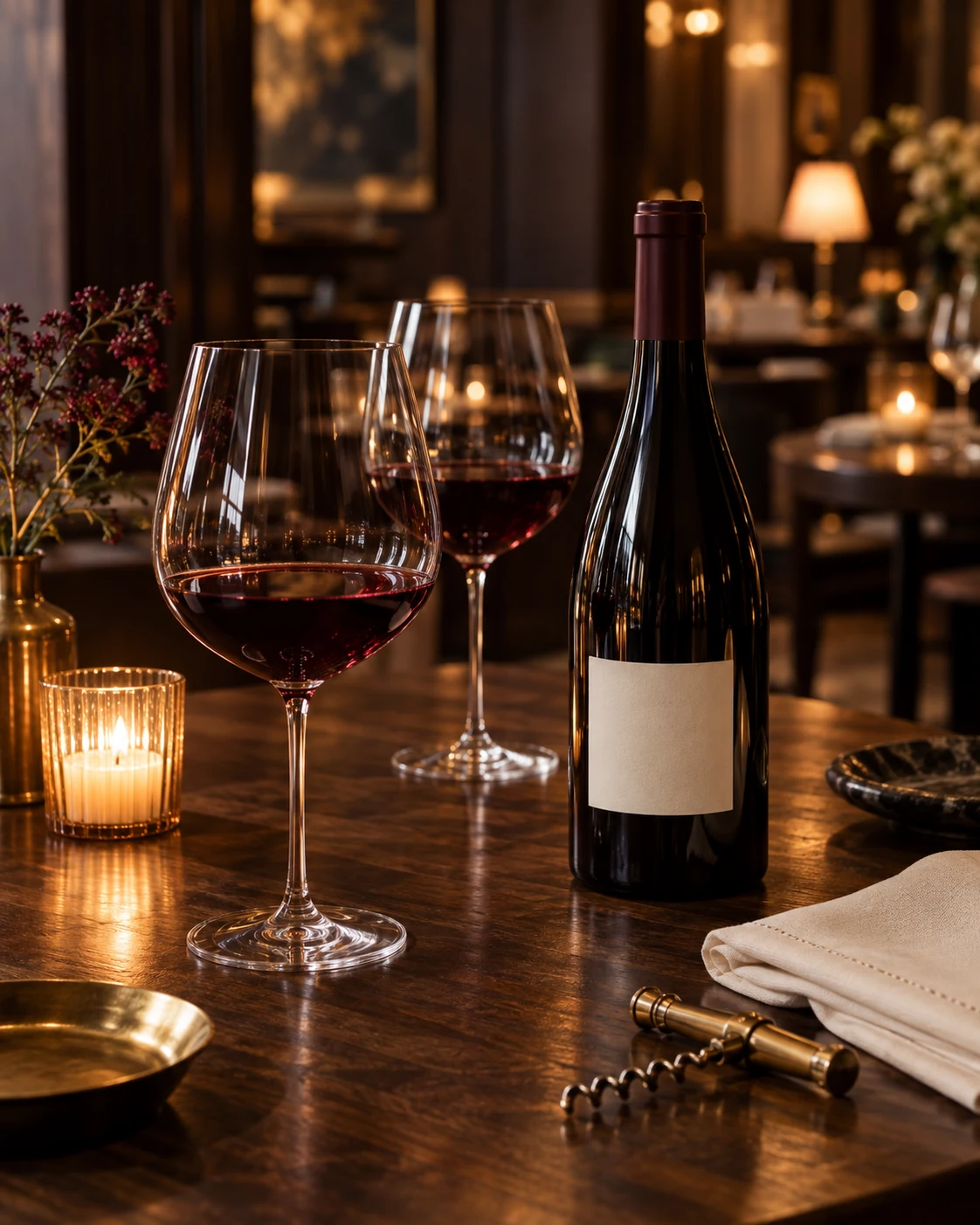 Weingläser und eine unbeschriftete Flasche im warmen Restaurantlicht – illustrative Weinbegleitung.