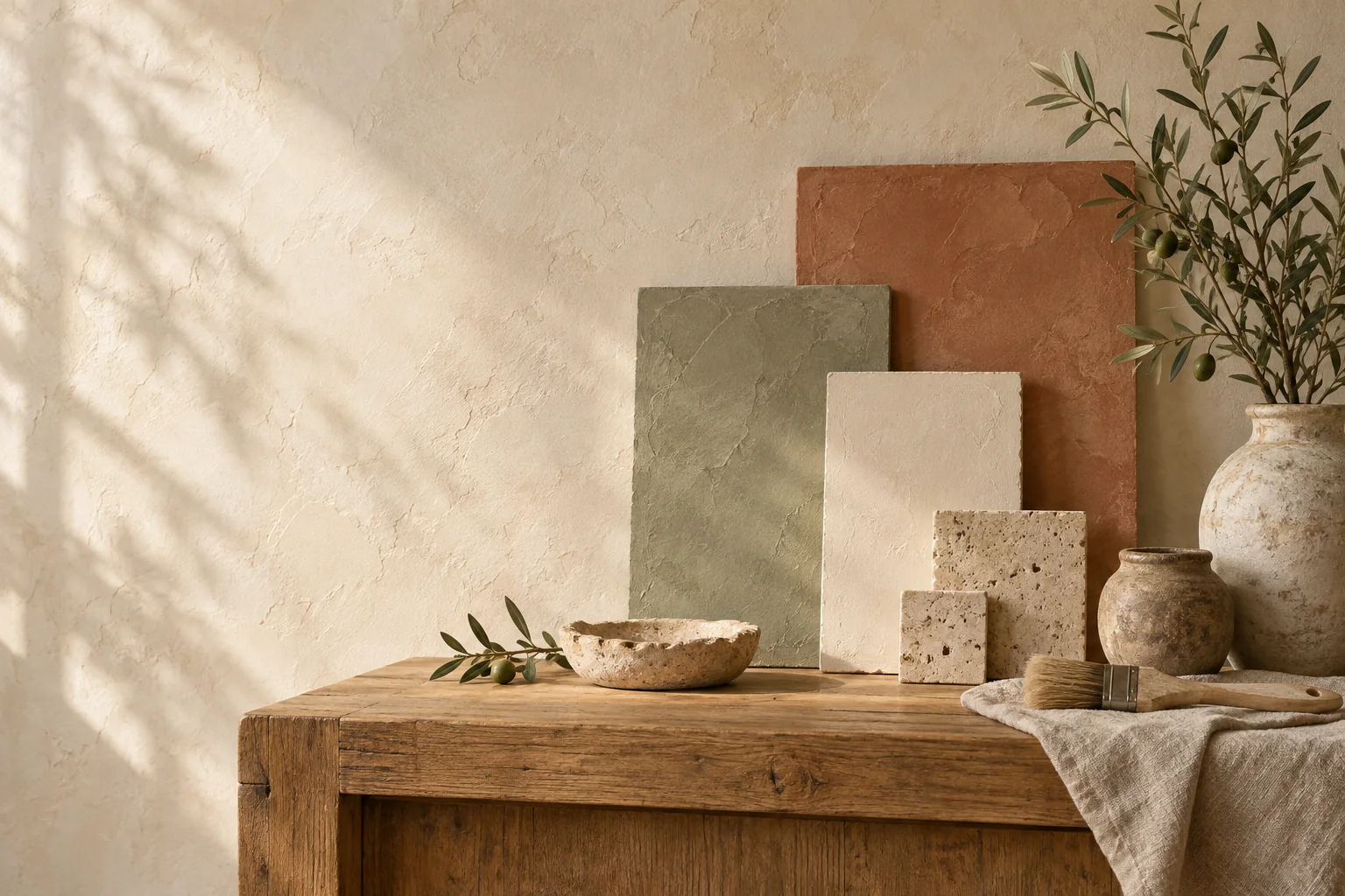 Terrakotta-, Salbei- und Creme-Farbmuster, Keramikvasen und Olivenzweige auf einer Holzkonsole.