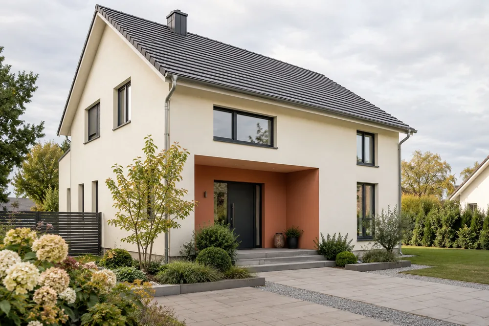 Zweistöckiges Haus mit cremefarbener Fassade, terrakottafarbenem Eingangsbereich und dunklem Dach.
