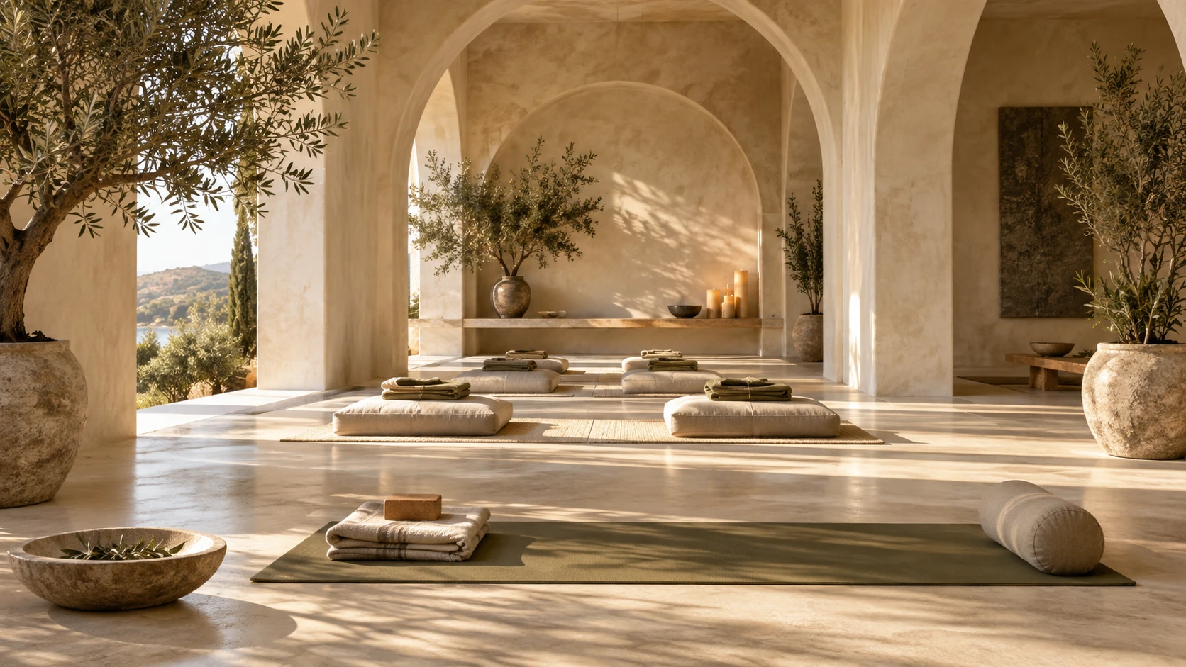 Meditationsraum mit Kissen, Naturmaterialien und warmem Tageslicht