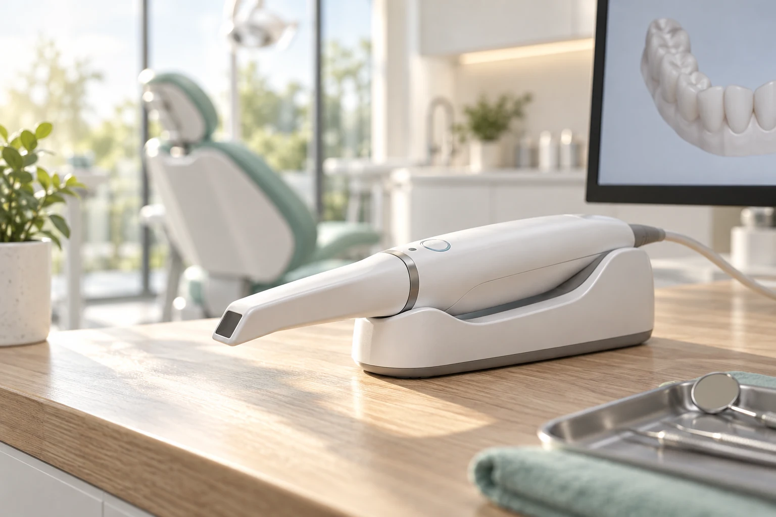 Digitaler Intraoralscanner in einer hellen Praxis – illustratives LumiDent-Demomotiv