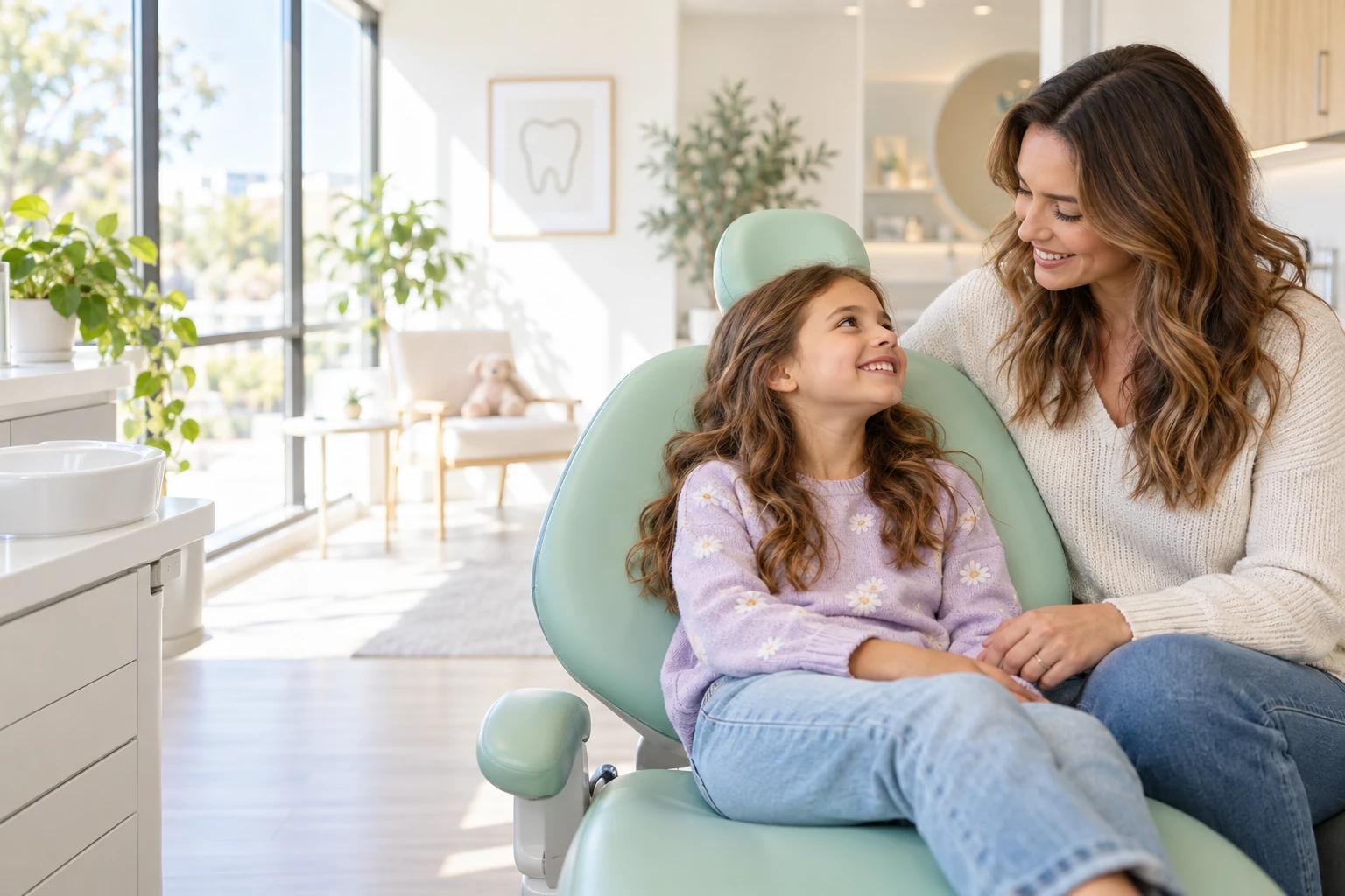 Lächelndes Kind mit seiner Mutter in einer freundlichen Praxis – fiktives LumiDent-Motiv