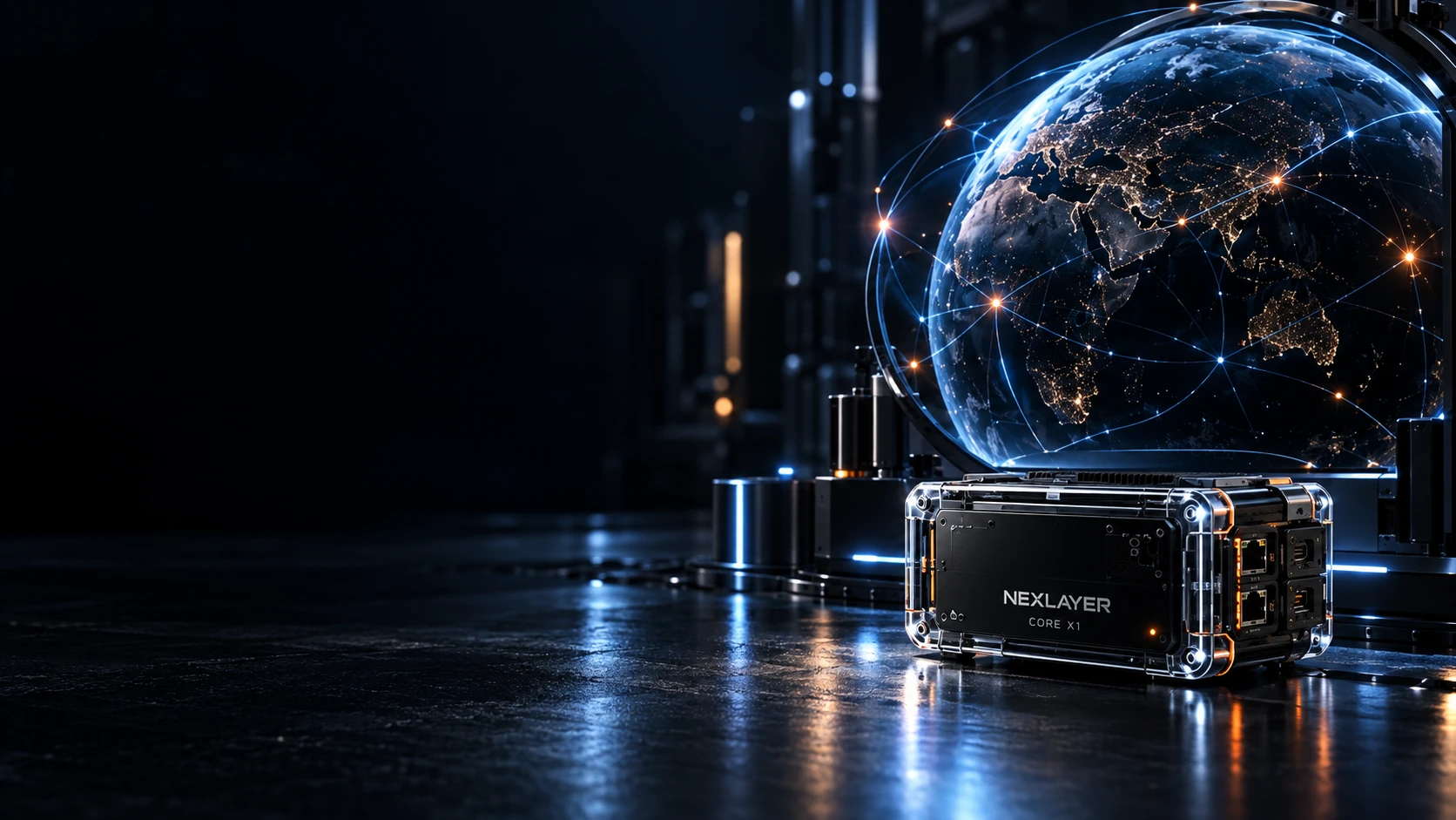 Vernetzter Globus und NEXLAYER CORE X1 als Visual einer fiktiven Hardware-Marke