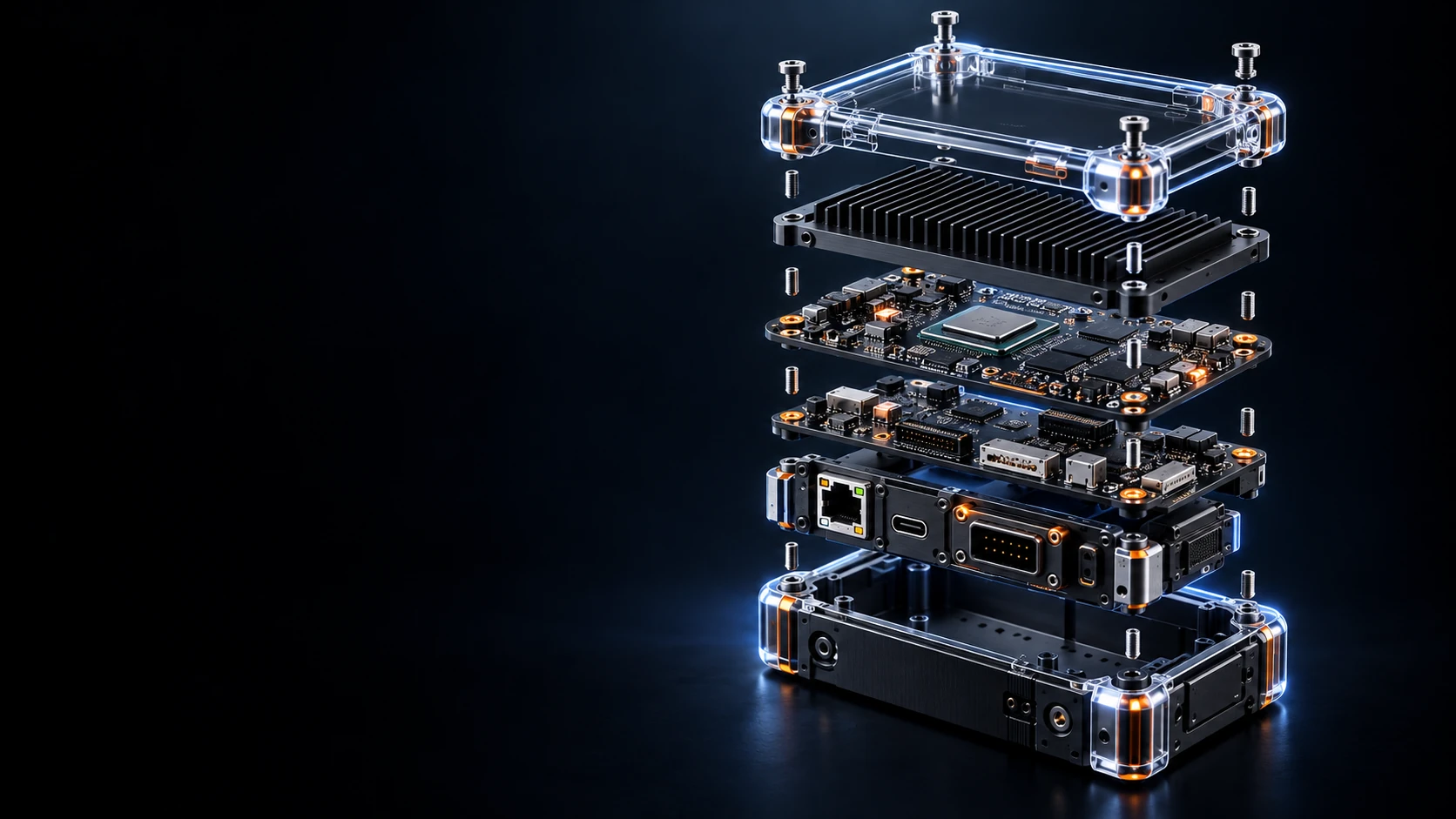 CORE X1 Explosionsansicht mit Gehäuse, Kühlung, Rechenmodul und Schnittstellen